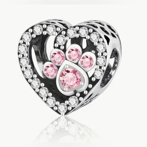 Silver & Pink Sparkle Heart Paw Print & Bone Charm For Pandora Braclets
